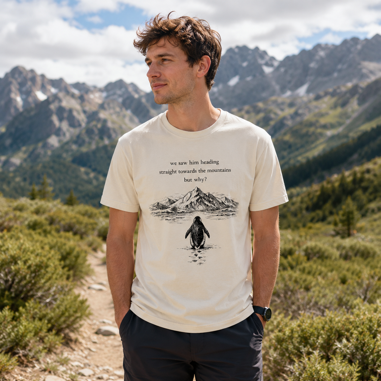 Penguin Heading Straight Towards The Mountains But Why T-Shirt