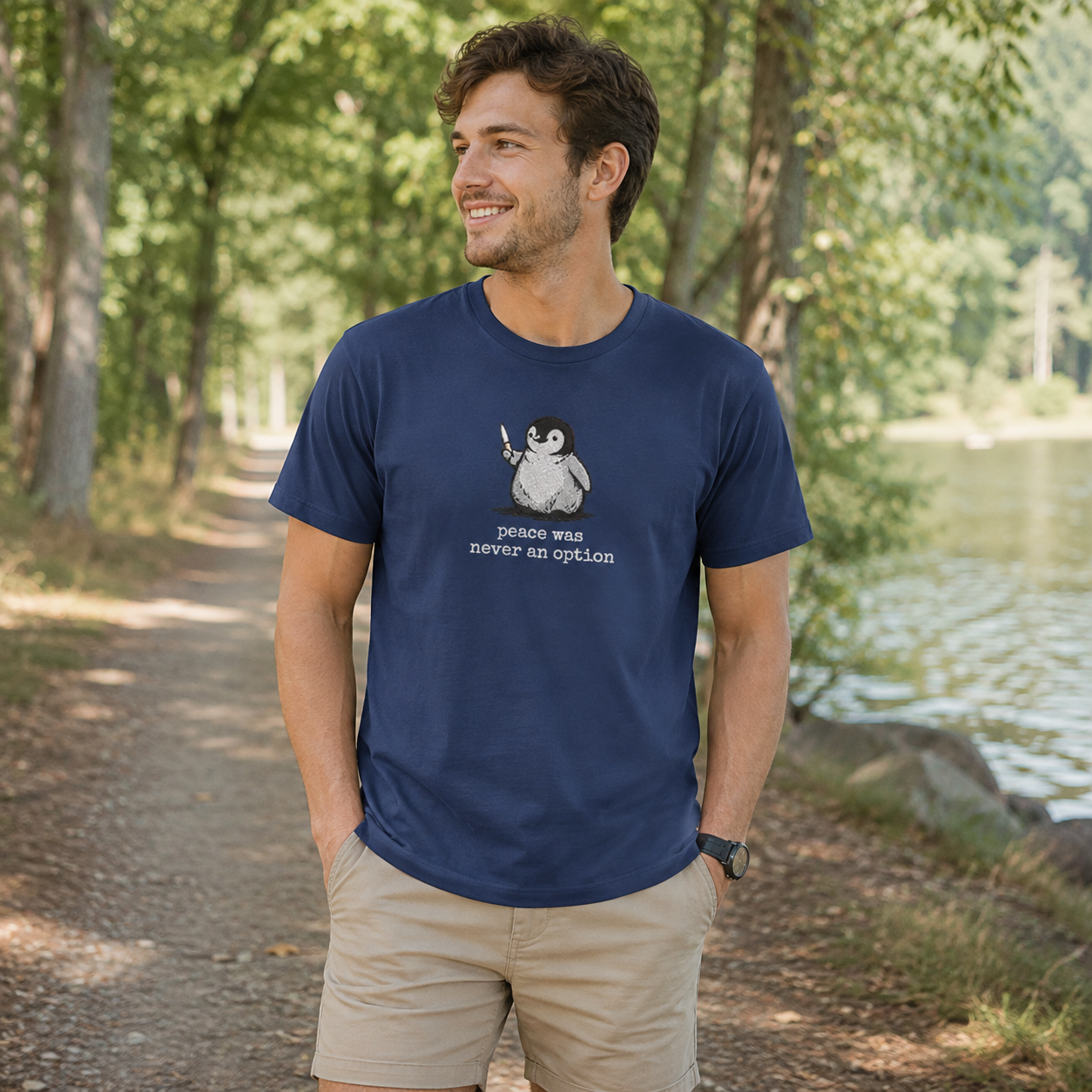 Peace Was Never An Option Penguin Embroidered T-Shirt