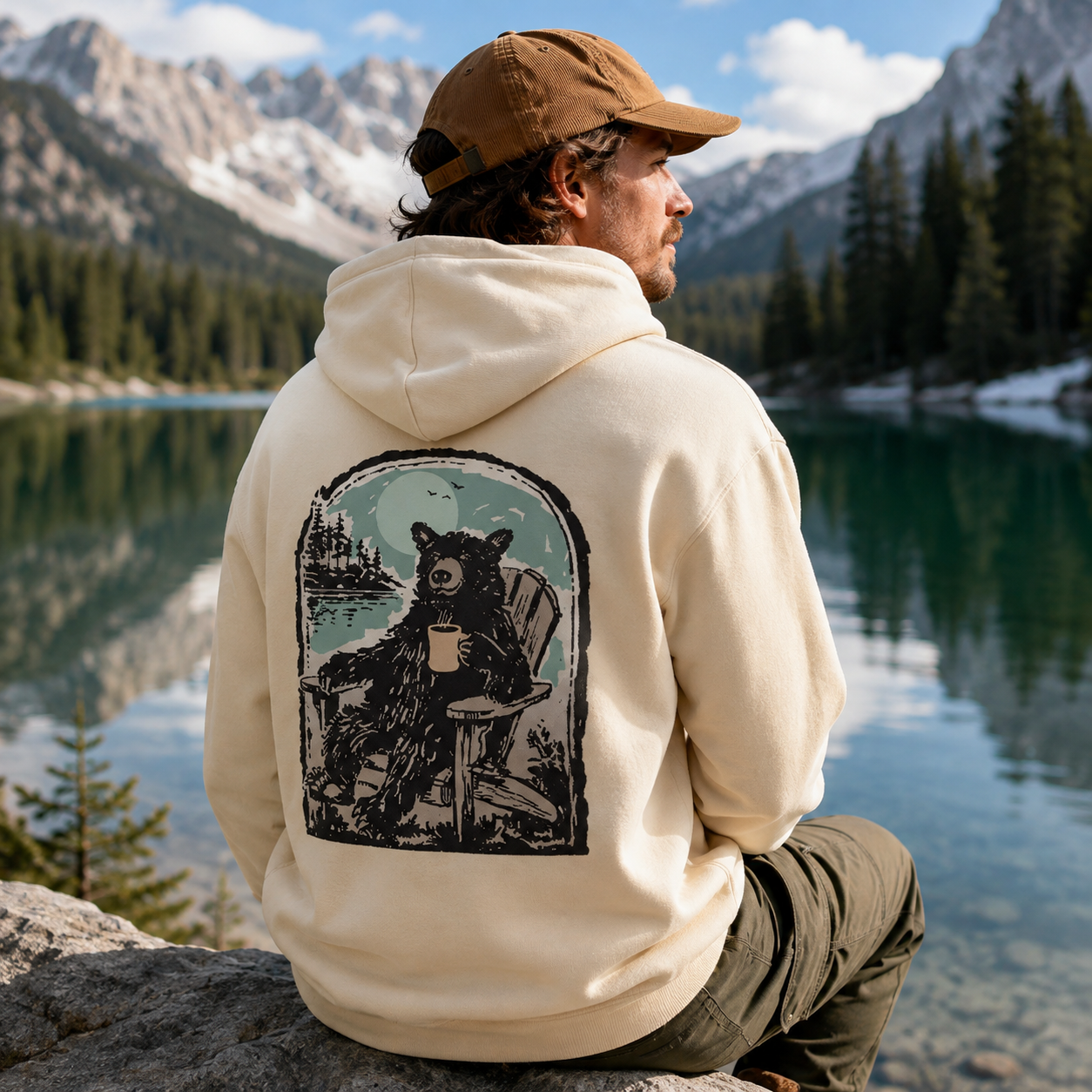 Relaxing Black Bear by the Lake Back Printed Hoodie