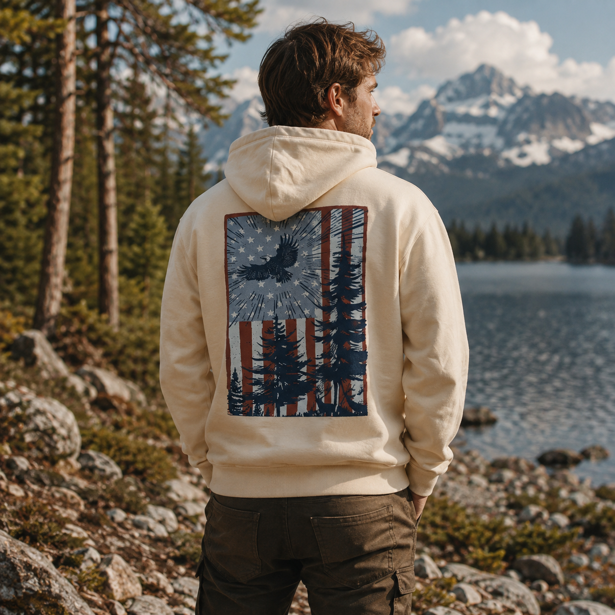 Bald Eagle Forest American Flag Back Printed Hoodie