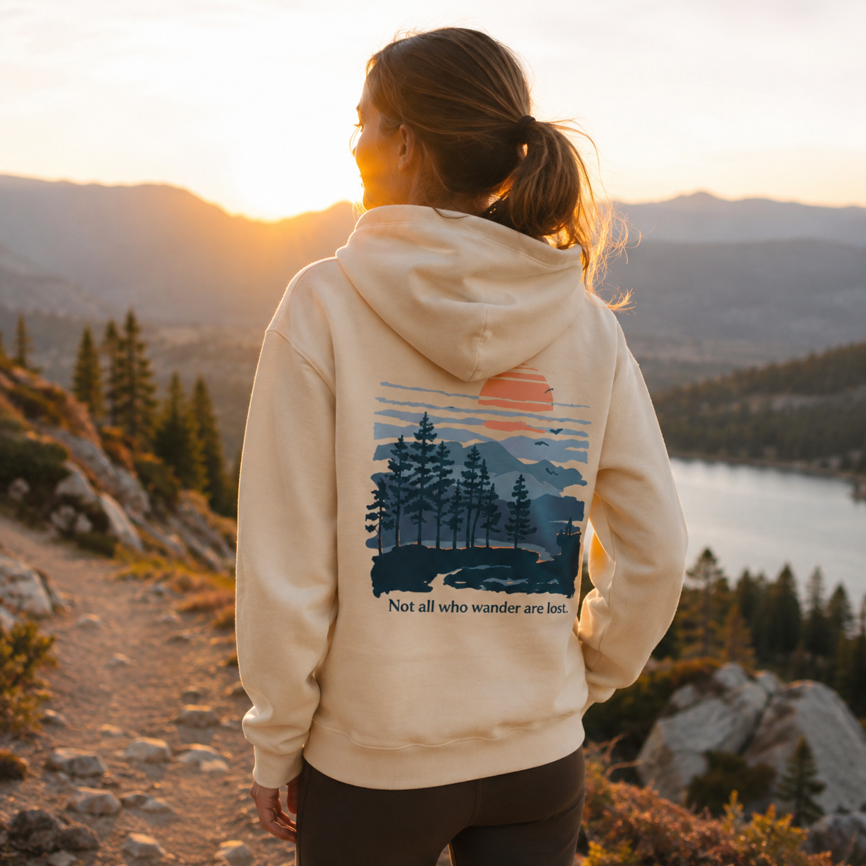 Not All Who Wander Are Lost Mountain Sunset Back Printed Hoodie