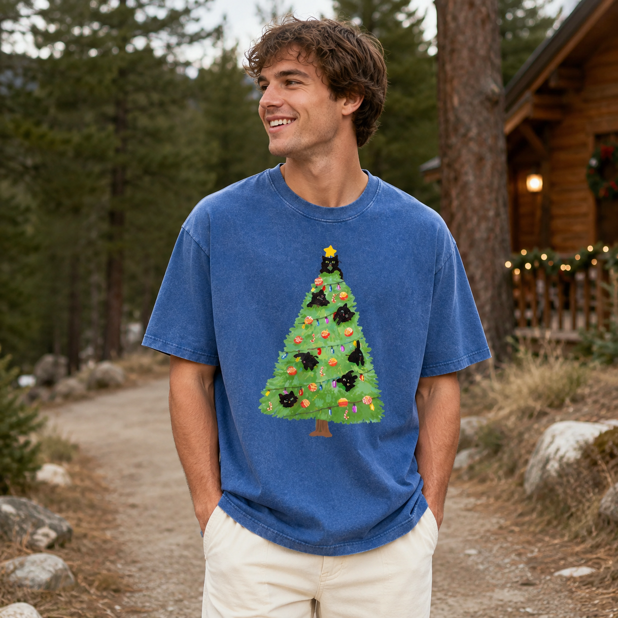 Cats in the Christmas Tree Washed T-Shirt