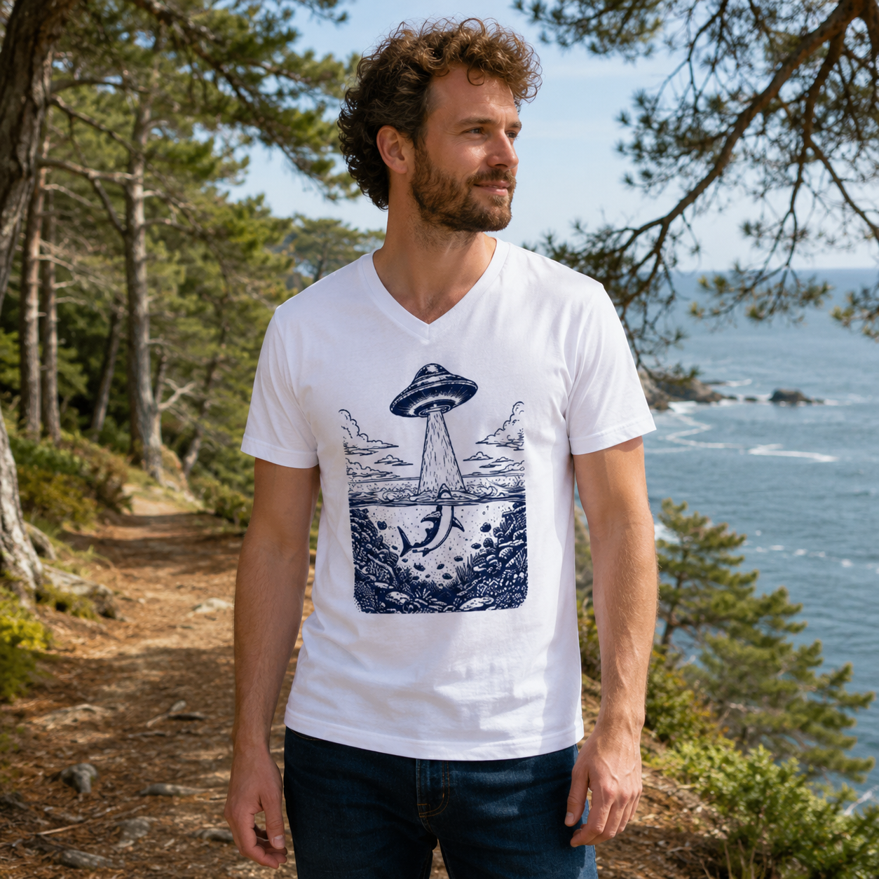 Alien Abduction Ocean Encounter V-neck T-Shirt