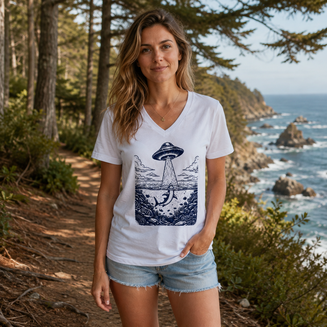 Alien Abduction Ocean Encounter V-neck T-Shirt