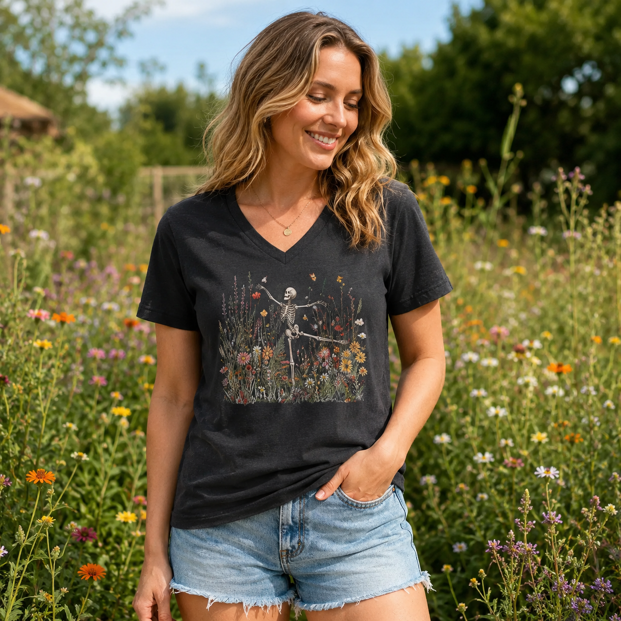 Dancing Skeleton Wildflower Garden V-neck T-Shirt