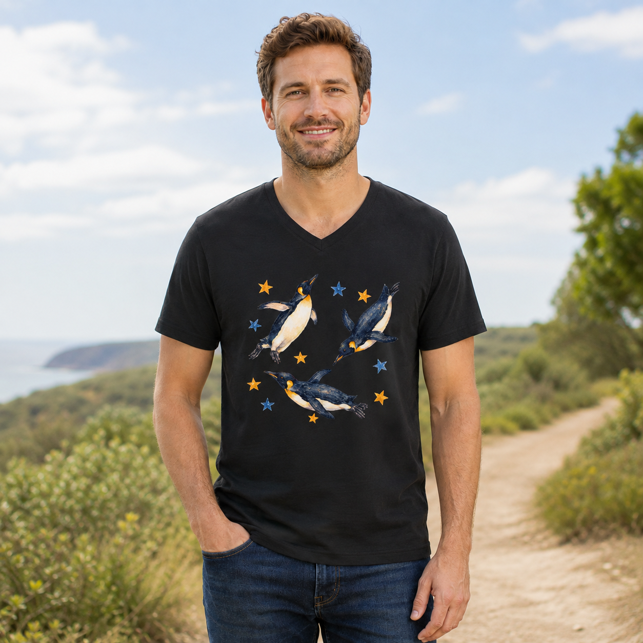 Flying Penguins Among The Stars V-neck T-Shirt