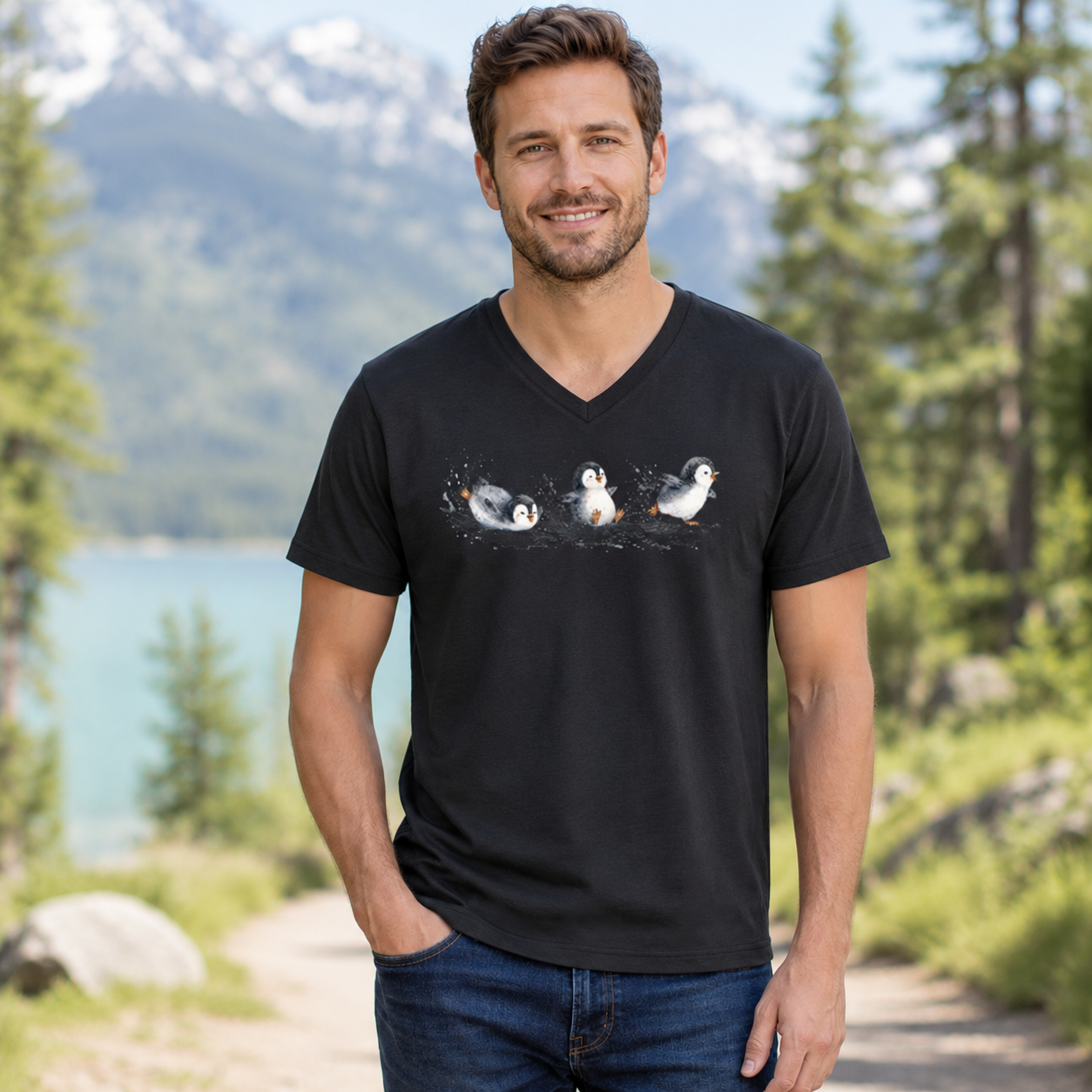 Sliding Penguins Snow Day V-neck T-Shirt