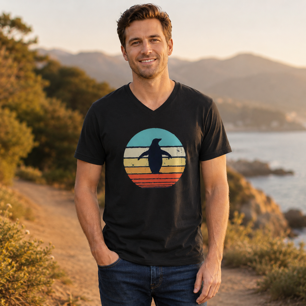 Lone Penguin Retro Sunset V-neck T-Shirt