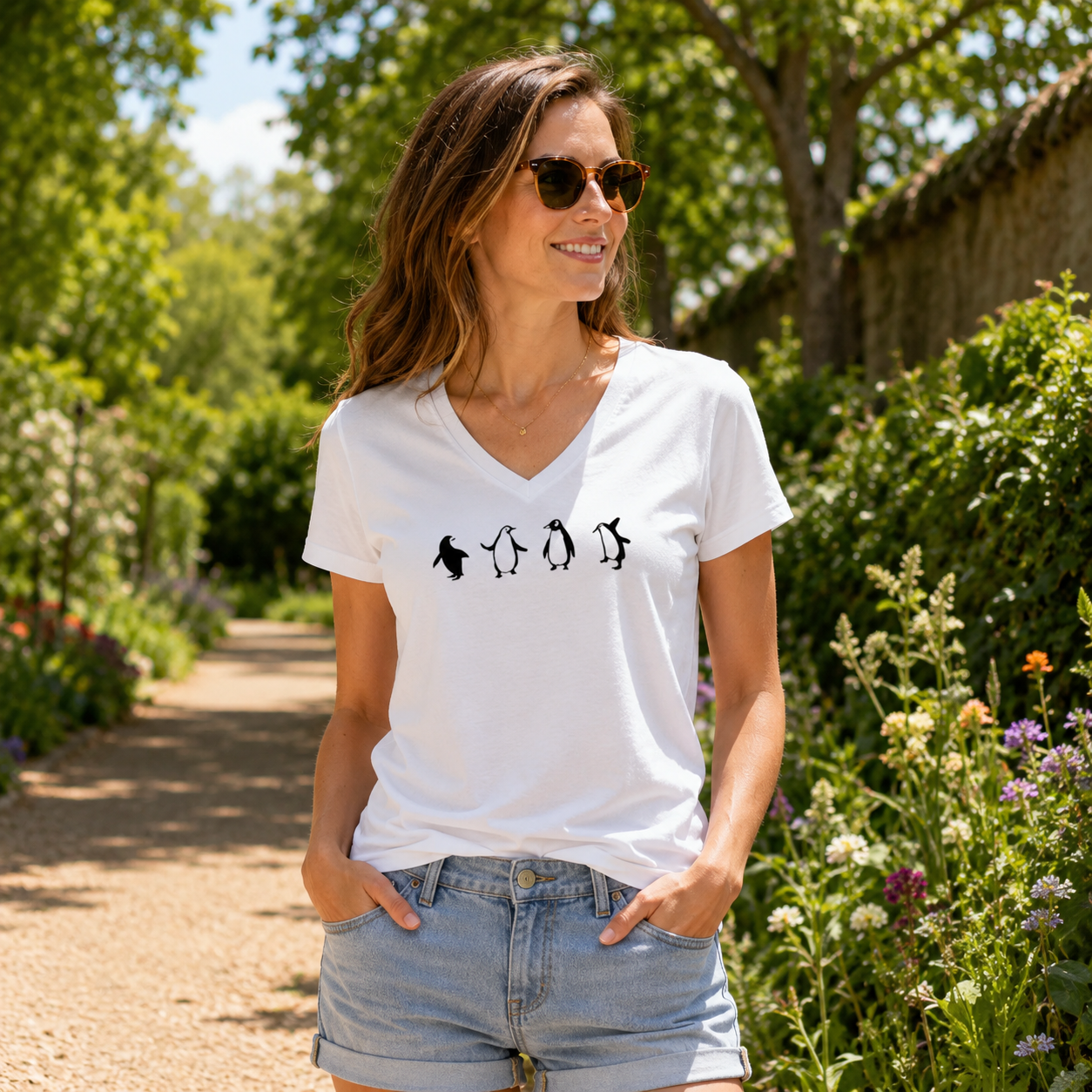Penguin Waddle Silhouette Parade V-neck T-Shirt