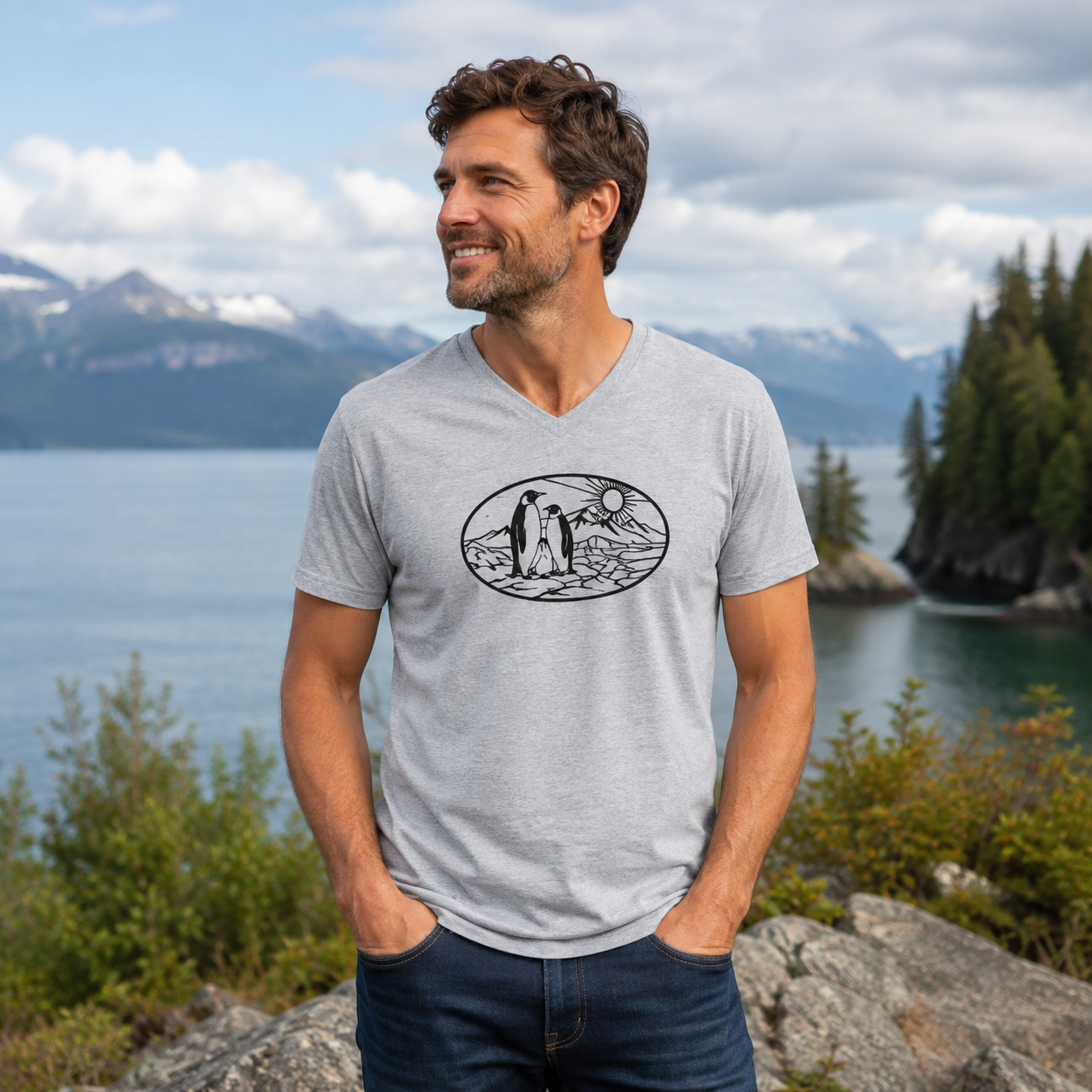 Penguin Family Arctic Landscape V-neck T-Shirt
