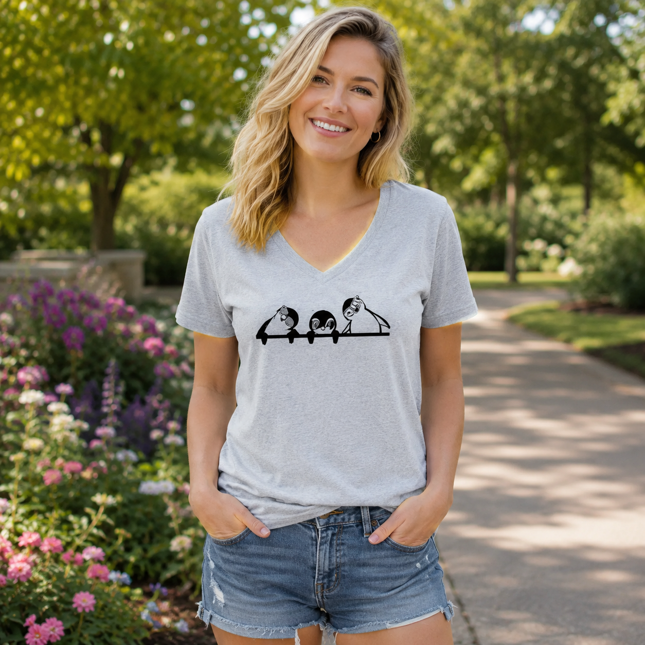 Curious Penguins Peeking Over V-neck T-Shirt