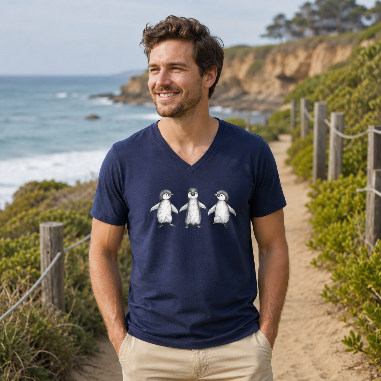Three Penguins Walking Together V-neck T-Shirt