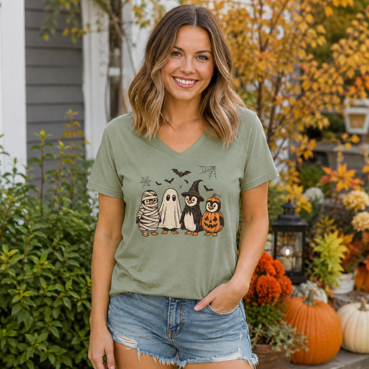 Halloween Penguin Costume Parade V-neck T-Shirt
