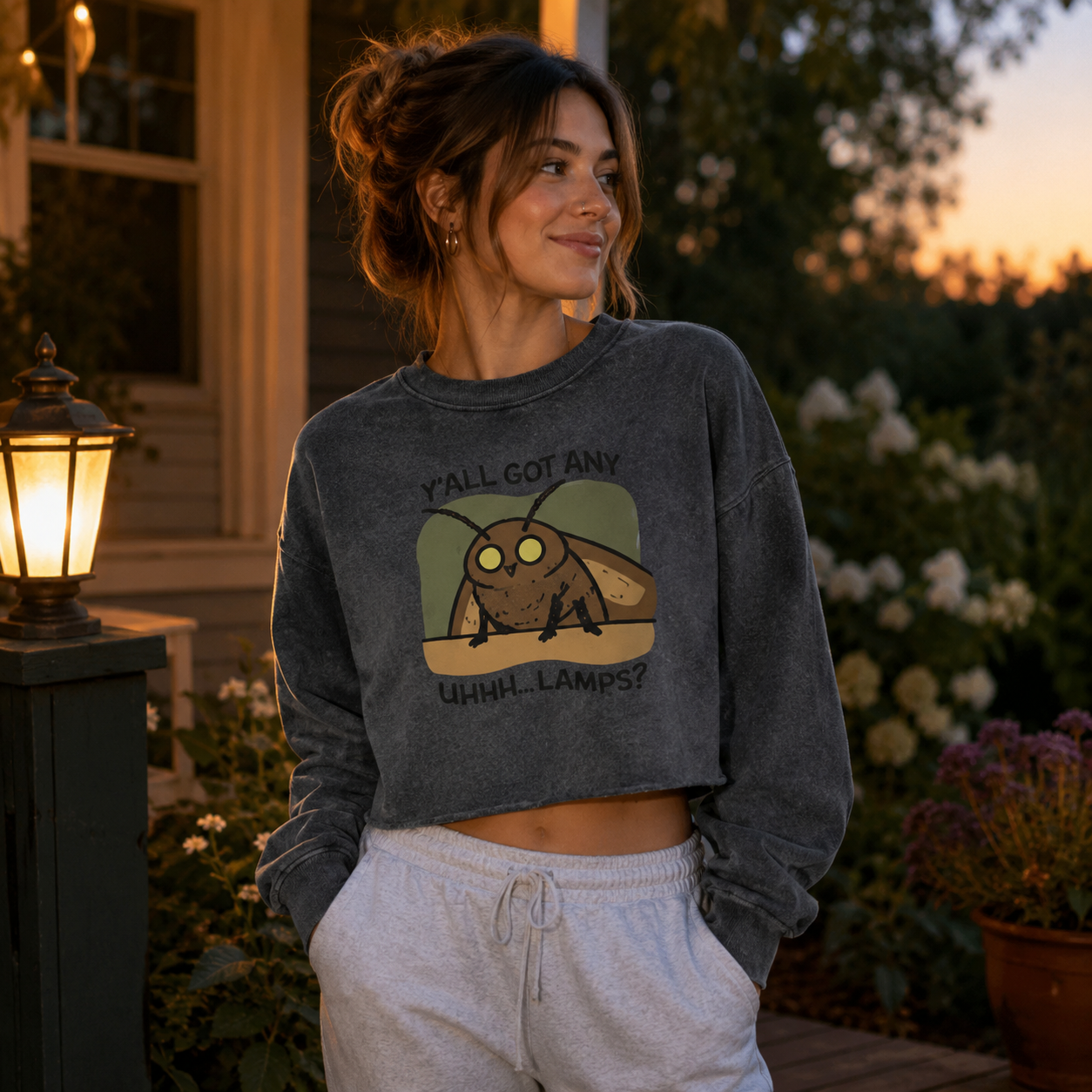 Yall Got Any Uhhh Lamps Moth Women's Washed Cropped Sweatshirt