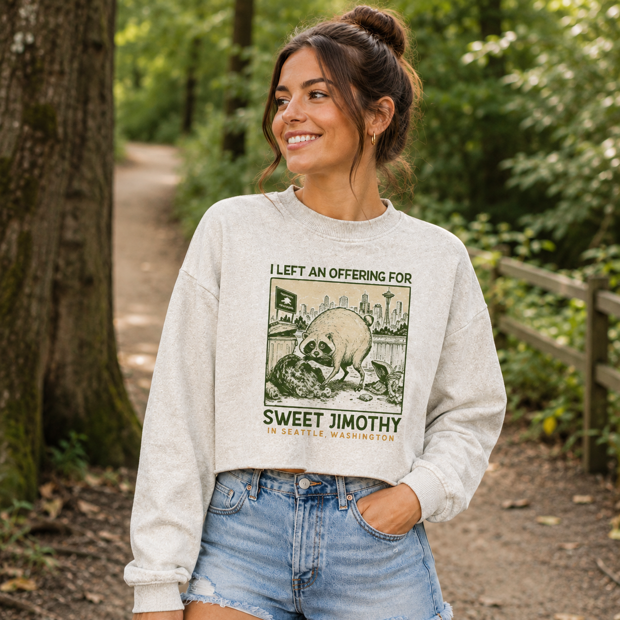 I Left An Offering For Sweet Jimothy Raccoon Women's Washed Cropped Sweatshirt