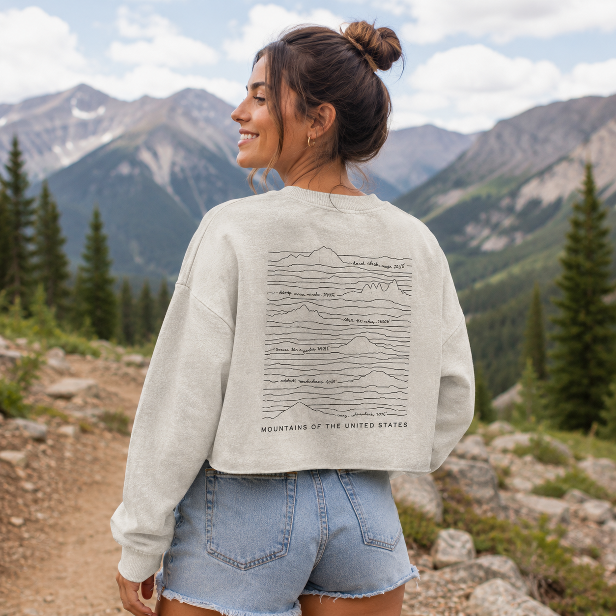 Mountains Of The United States Line Map Women's Washed Cropped Sweatshirt