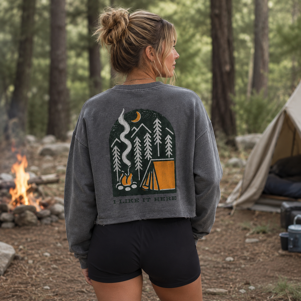 Moonlit Forest Camping Escape Women's Washed Cropped Sweatshirt