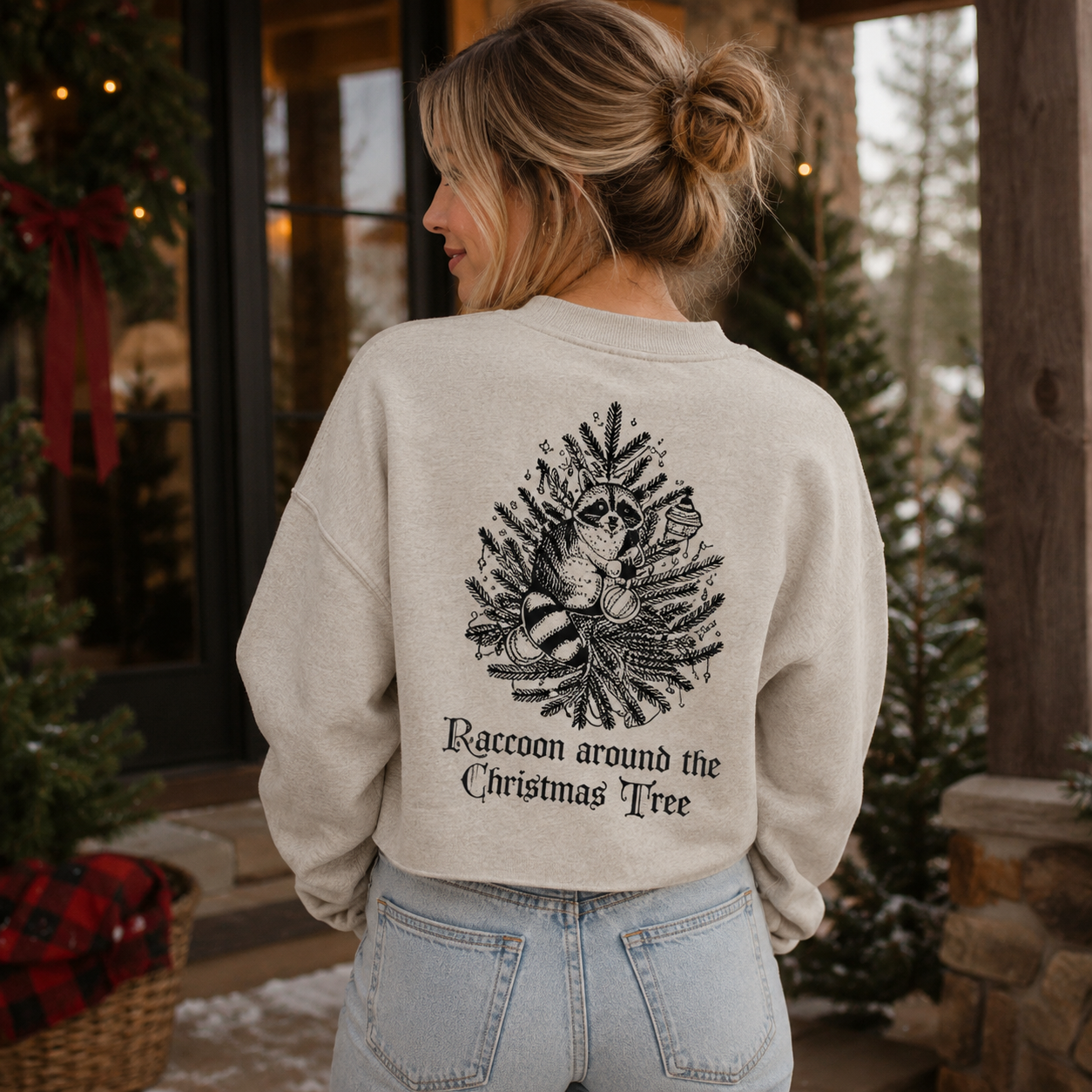 Raccoons Around The Christmas Tree Women's Washed Cropped Sweatshirt