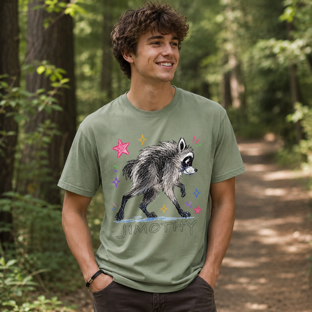 Jimothy Colorful Stars Playful Raccoon  T-Shirt