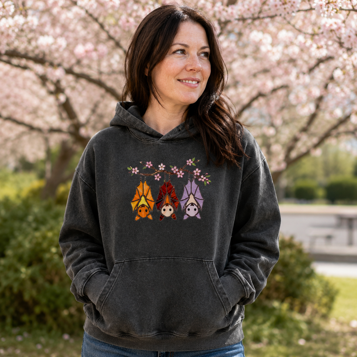 Cherry Blossom Bat Trio Washed Hoodie