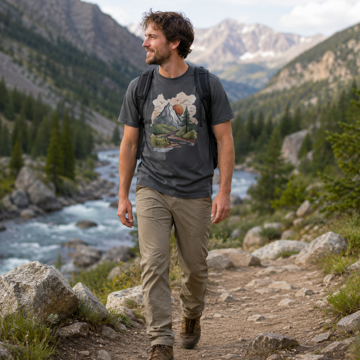 Mountain River Sunset Watercolor Landscape T-Shirt