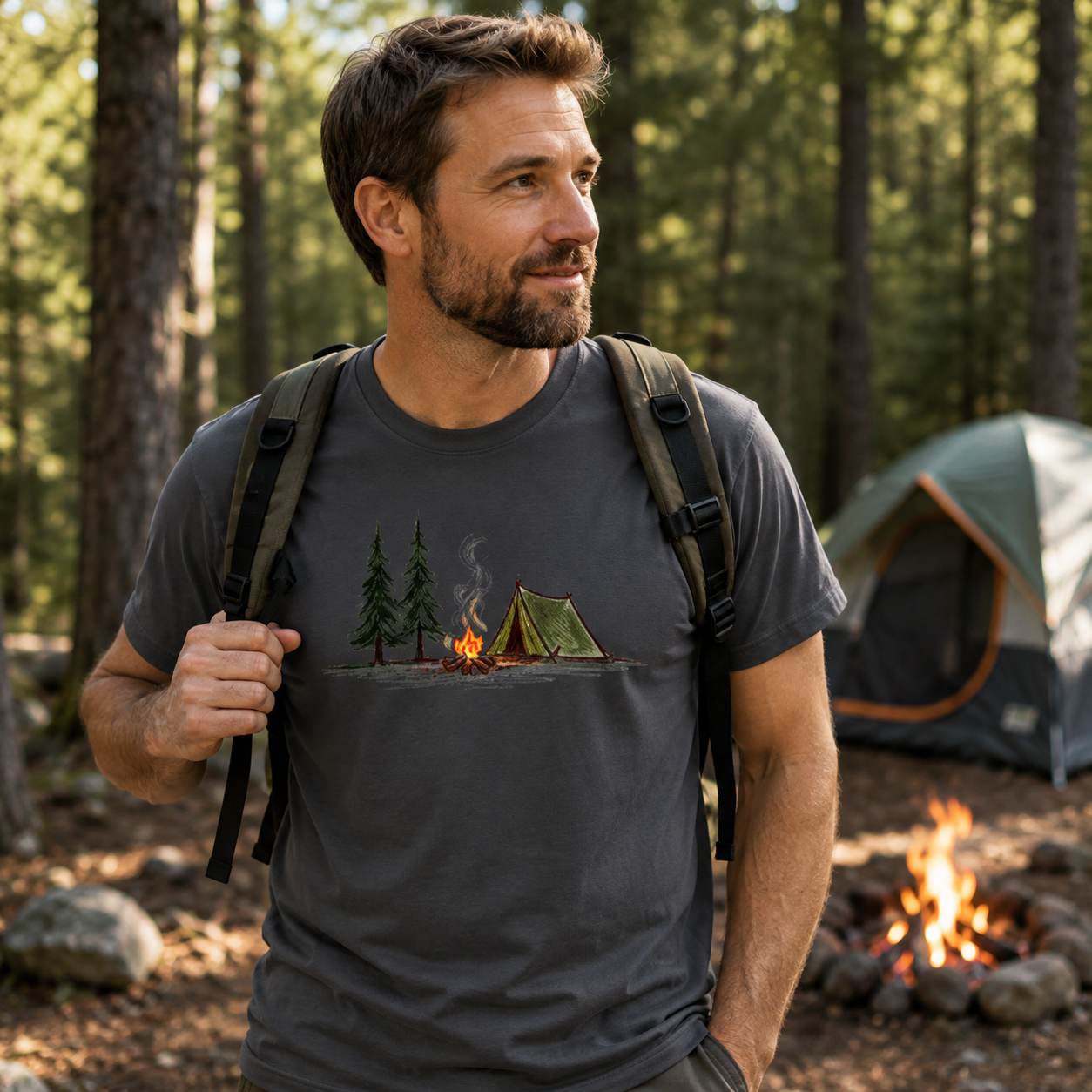 Campfire Tent Pine Forest Escape T-Shirt