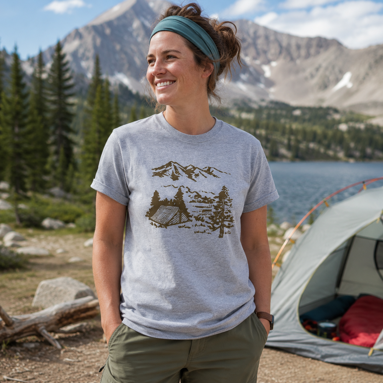 Mountain Campsite Wilderness Sketch T-Shirt