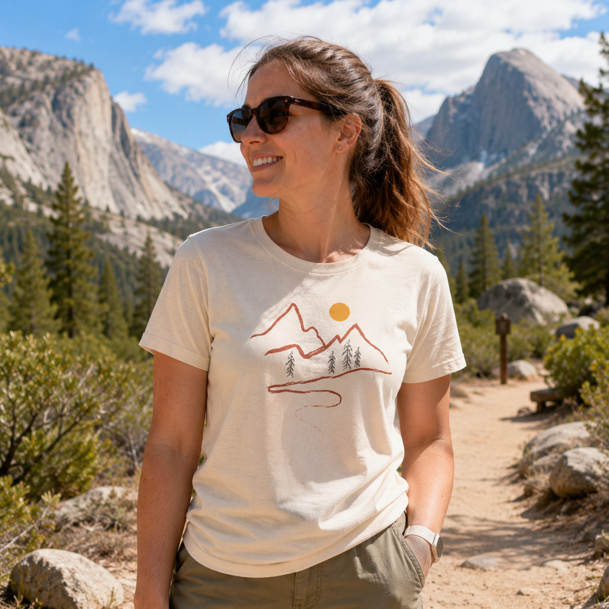 Minimal Mountain Sun Trail Line Art T-Shirt