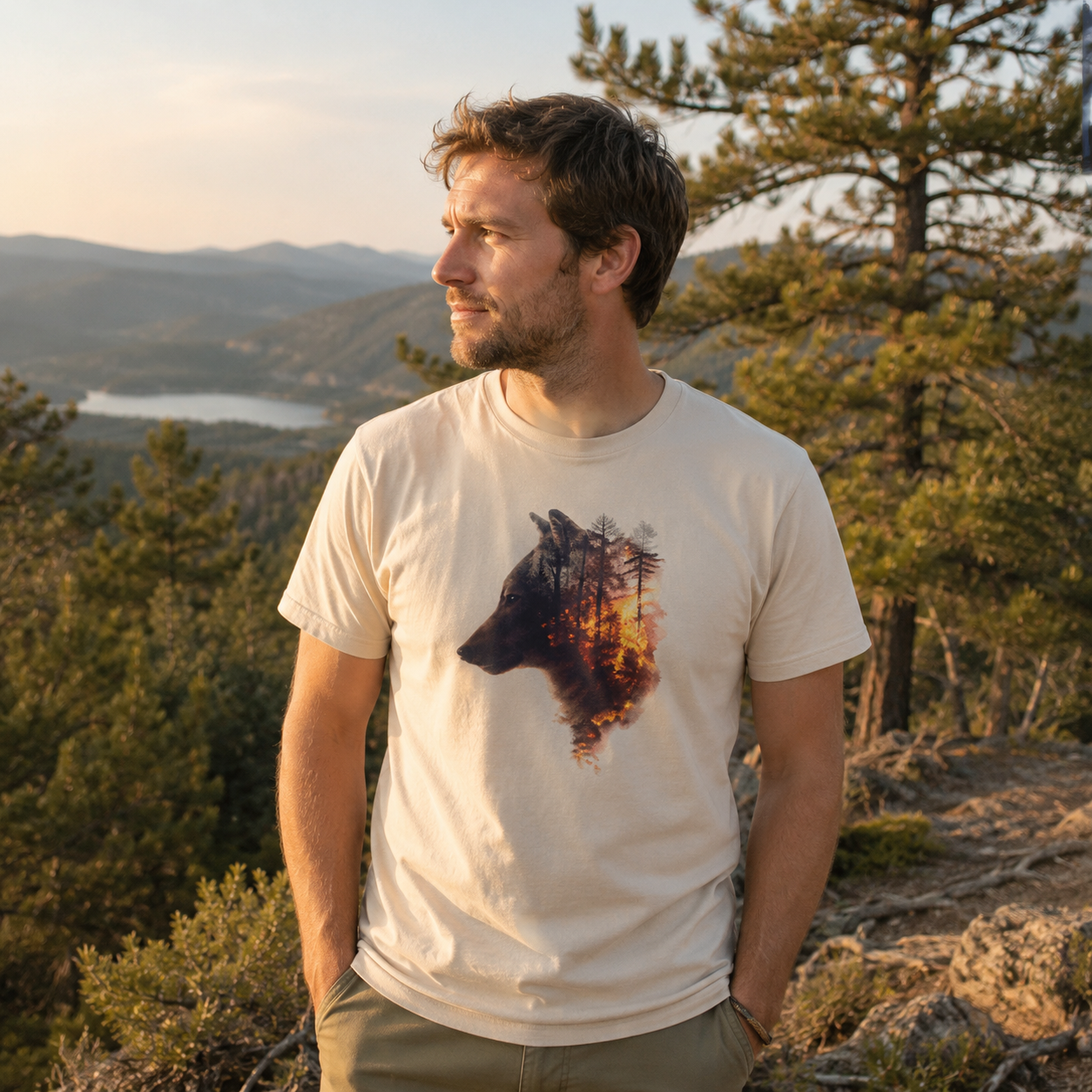 Wolf Forest Fire Double Exposure T-Shirt