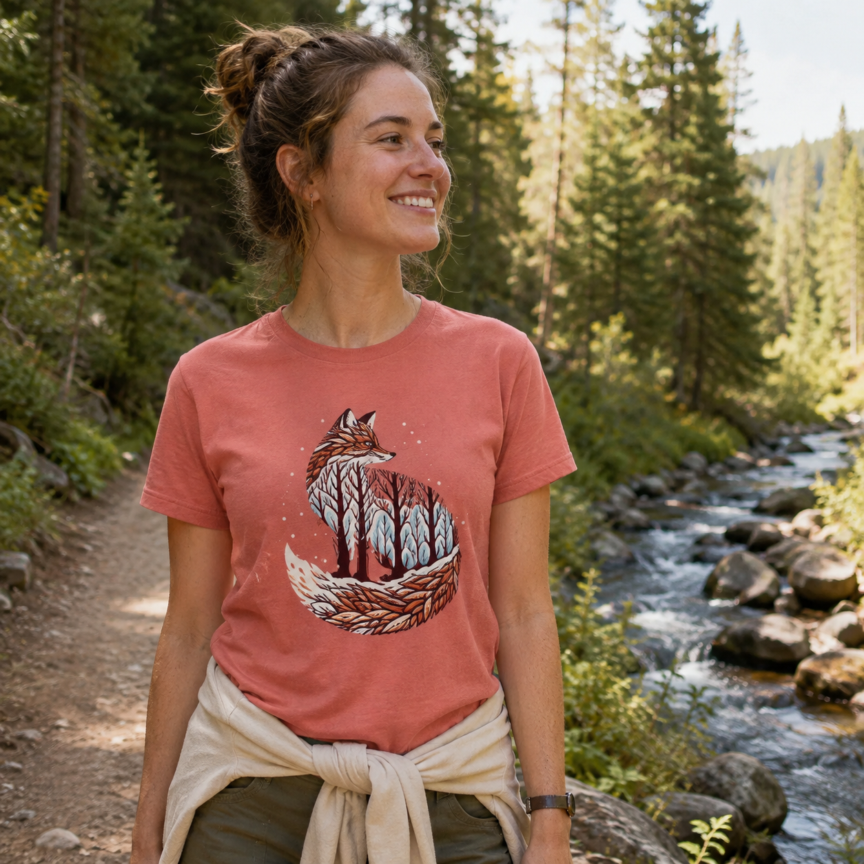 Fox Forest Double Exposure Portrait T-Shirt