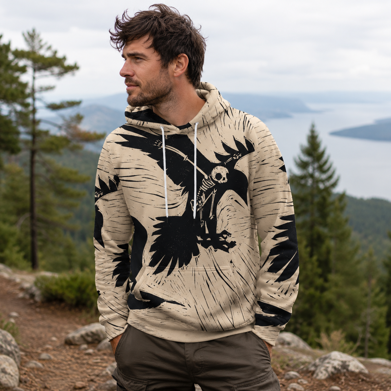 Raven Flight Graphic Illustration All-over Printed Hoodie
