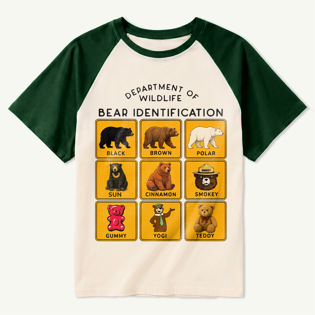 Department of Wildlife Bear Identification Gummy Bear Raglan T-Shirt