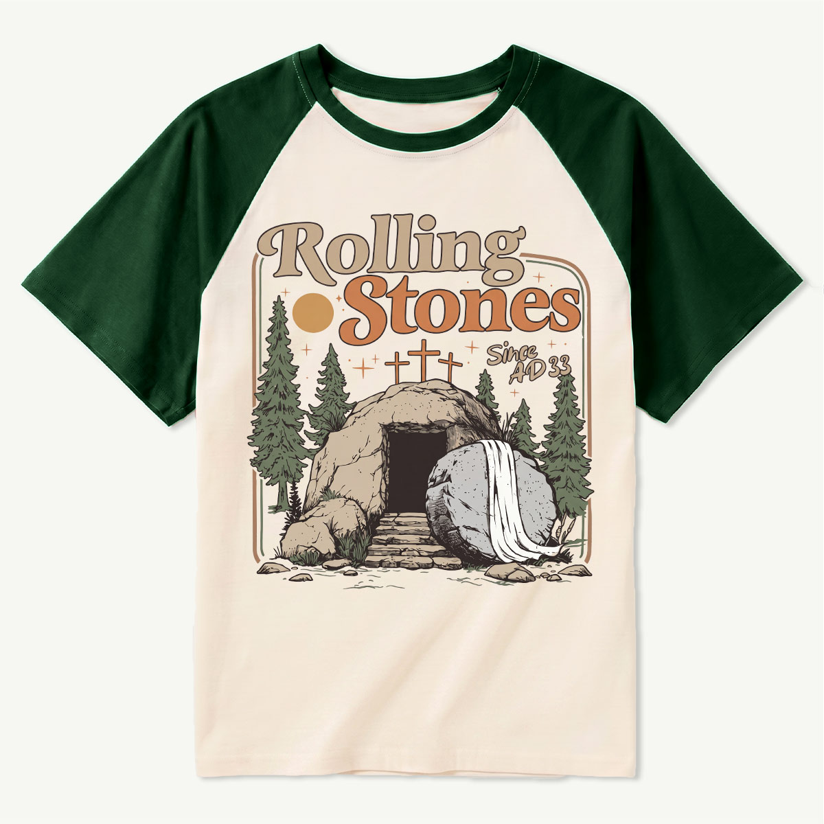 Retro Mountain Nature Cave and Stone Raglan T‑Shirt