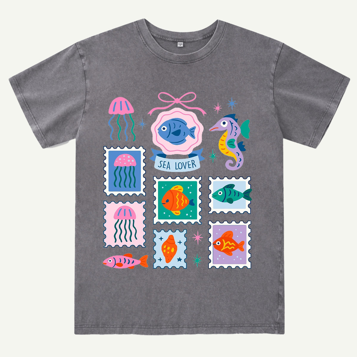 Sea Lover Stamp Ocean Animal Identification Guide Washed T-Shirt