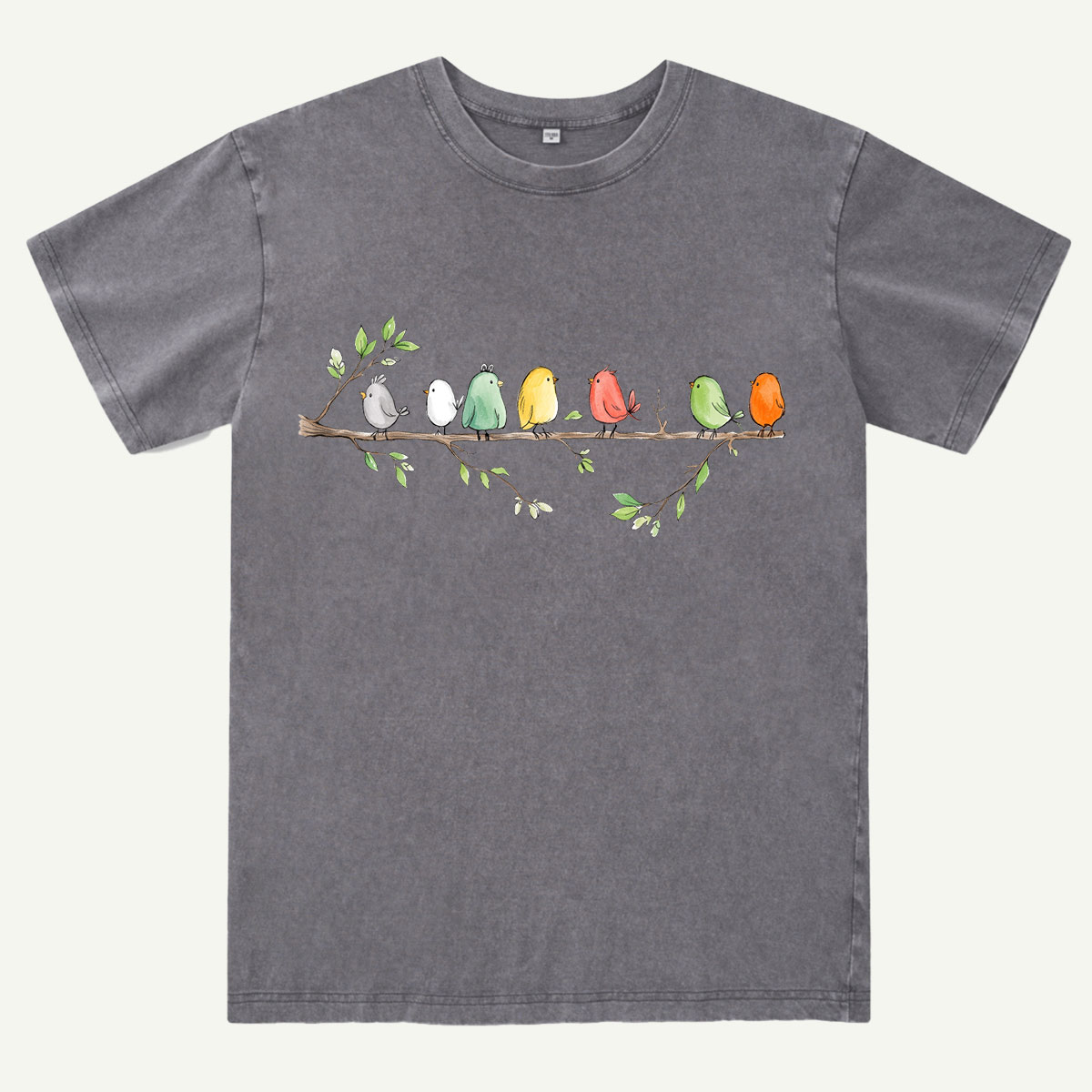 Colorful Songbirds On Branch Washed T-Shirt