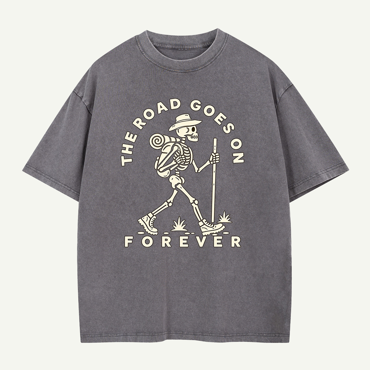 The Road Goes On Forever Skeleton Hiker Washed T-Shirt