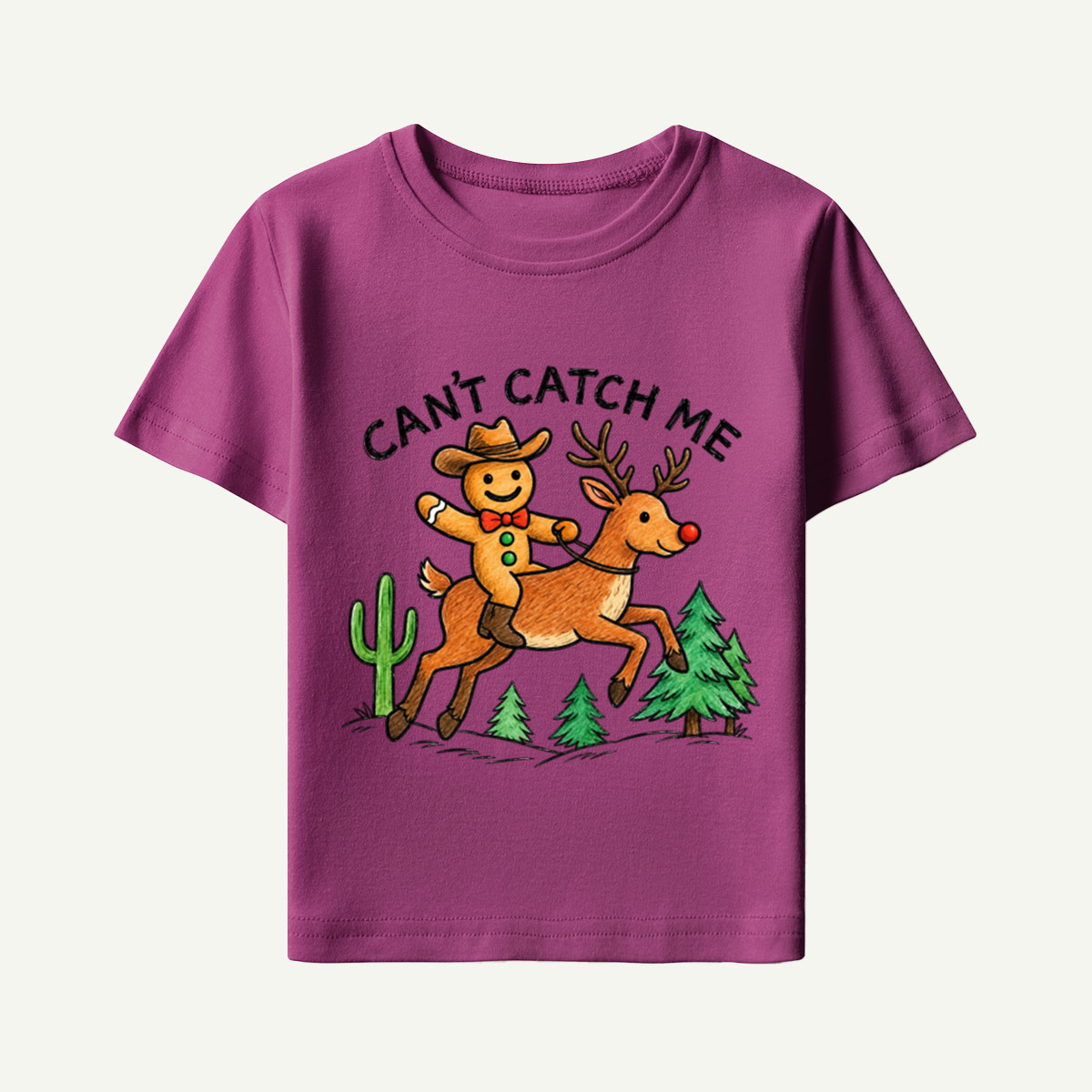 Cant Catch Me Cowboy Gingerbread Reindeer Christmas Kids T-Shirt