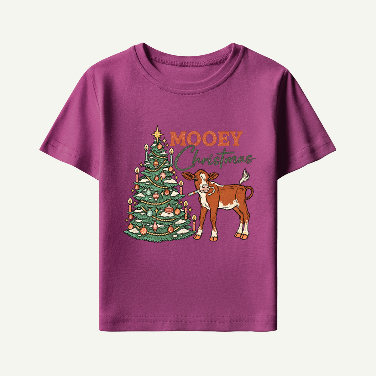 Mooey Christmas Cow Holiday Scene Kids T-Shirt