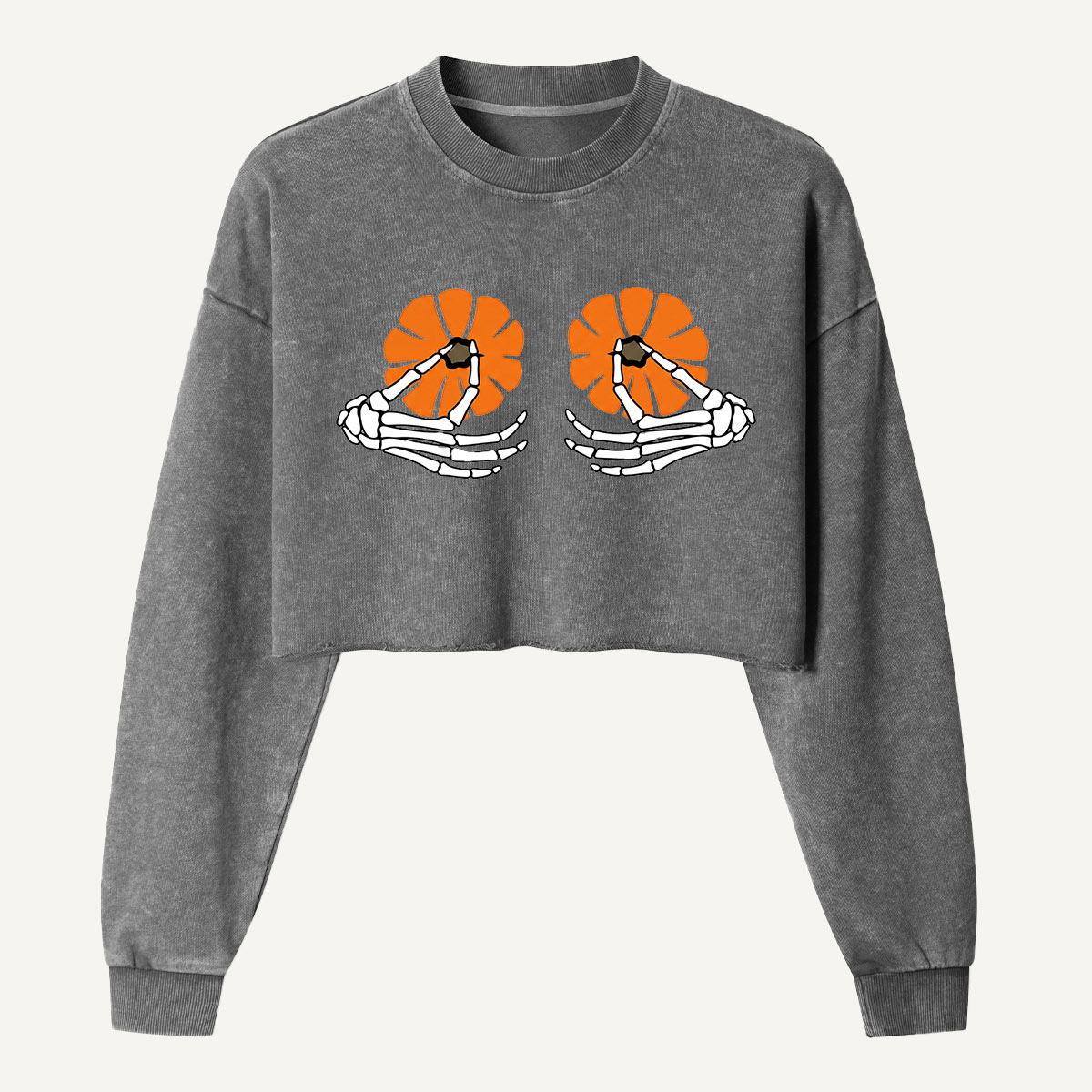 Skeleton Hands Holding Pumpkins Women's Washed Cropped Sweatshirt