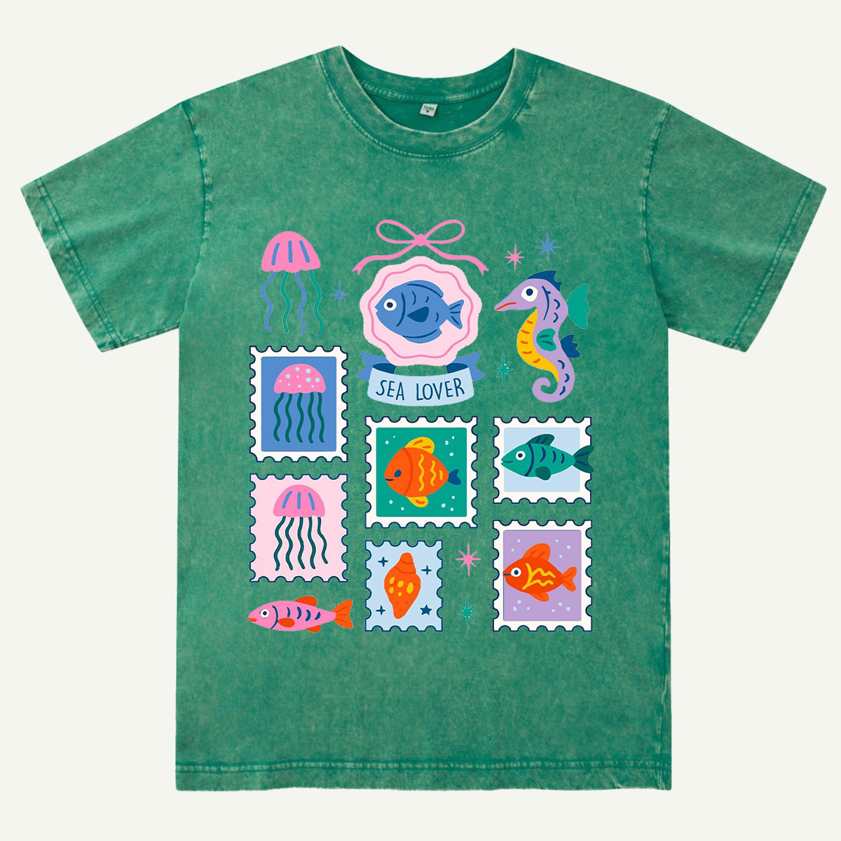 Sea Lover Stamp Ocean Animal Identification Guide Washed T-Shirt