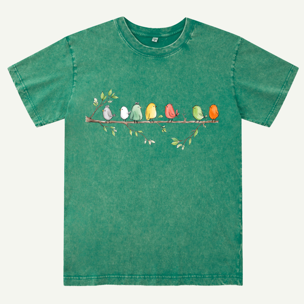 Colorful Songbirds On Branch Washed T-Shirt