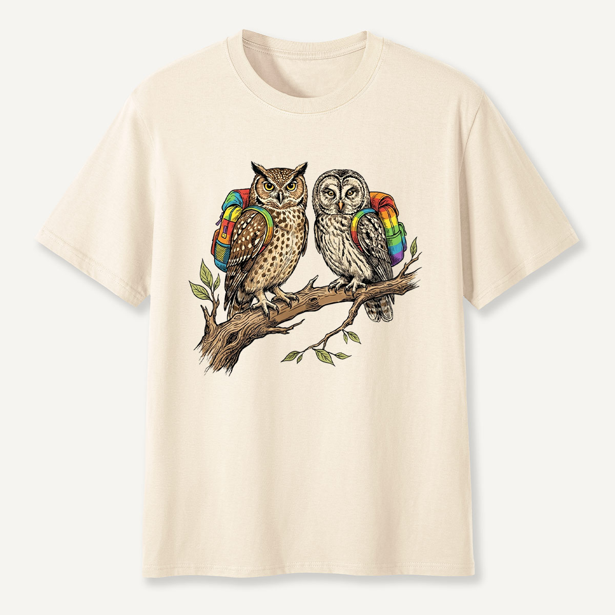 Couple Owls on Branch with Rainbow Backpacks T-Shirt