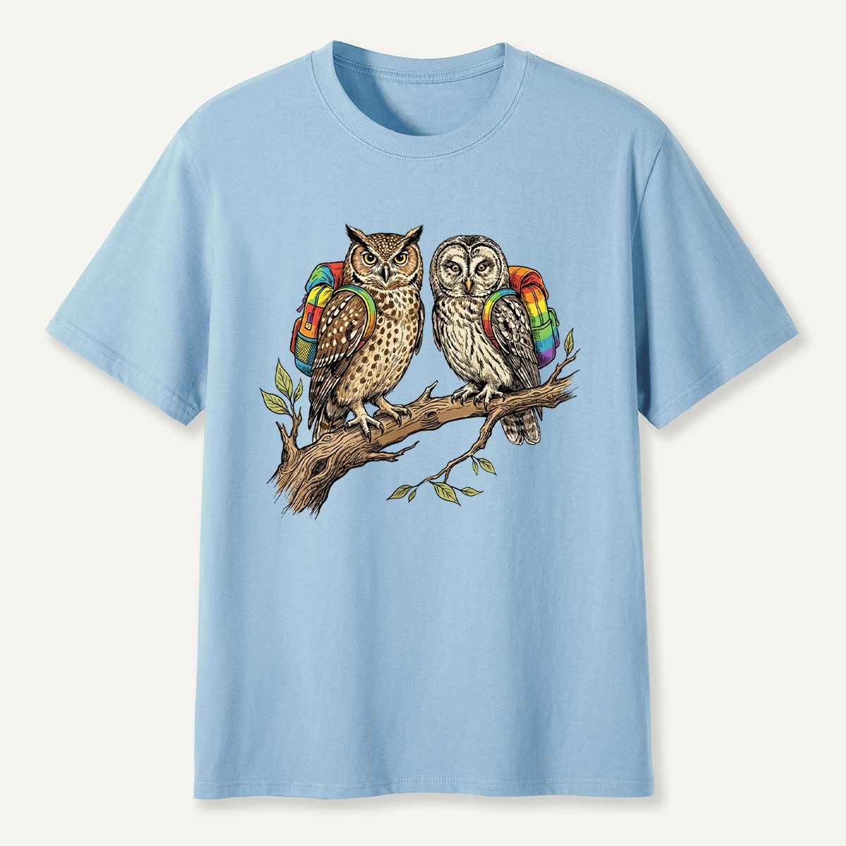 Couple Owls on Branch with Rainbow Backpacks T-Shirt