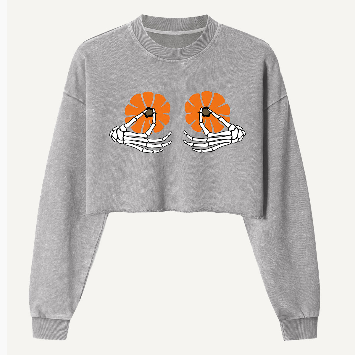 Skeleton Hands Holding Pumpkins Women's Washed Cropped Sweatshirt