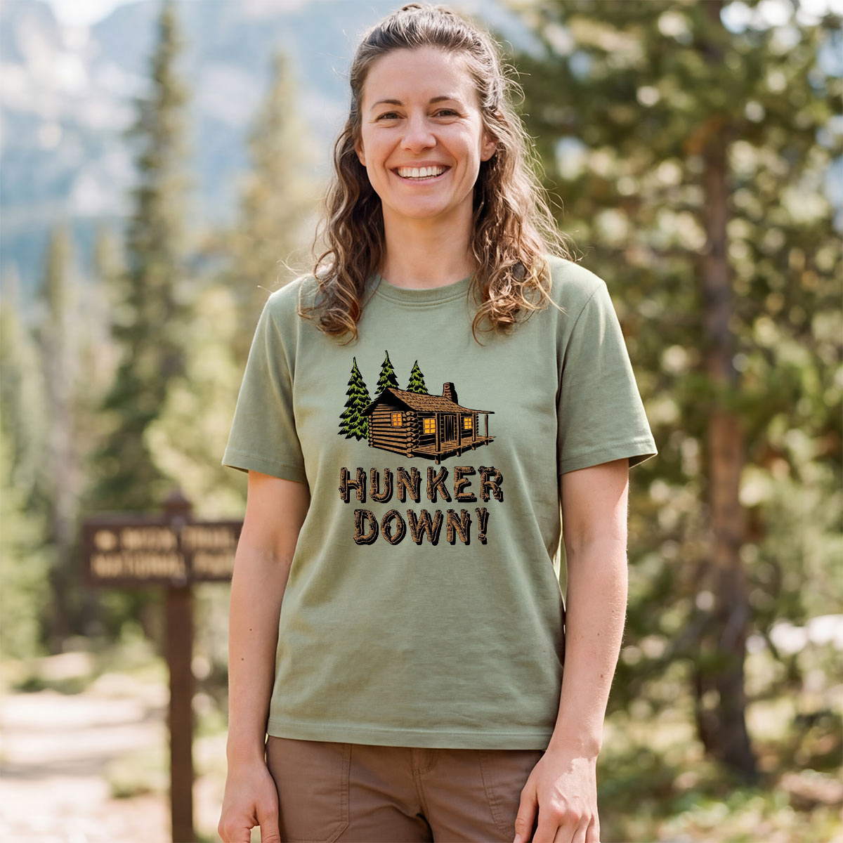 Hunker Down Log Cabin Rustic Retreat T-Shirt