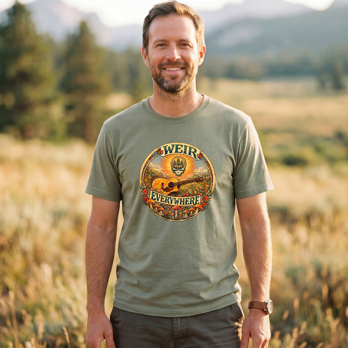 Retro Forest Sunrise Guitar T-Shirt
