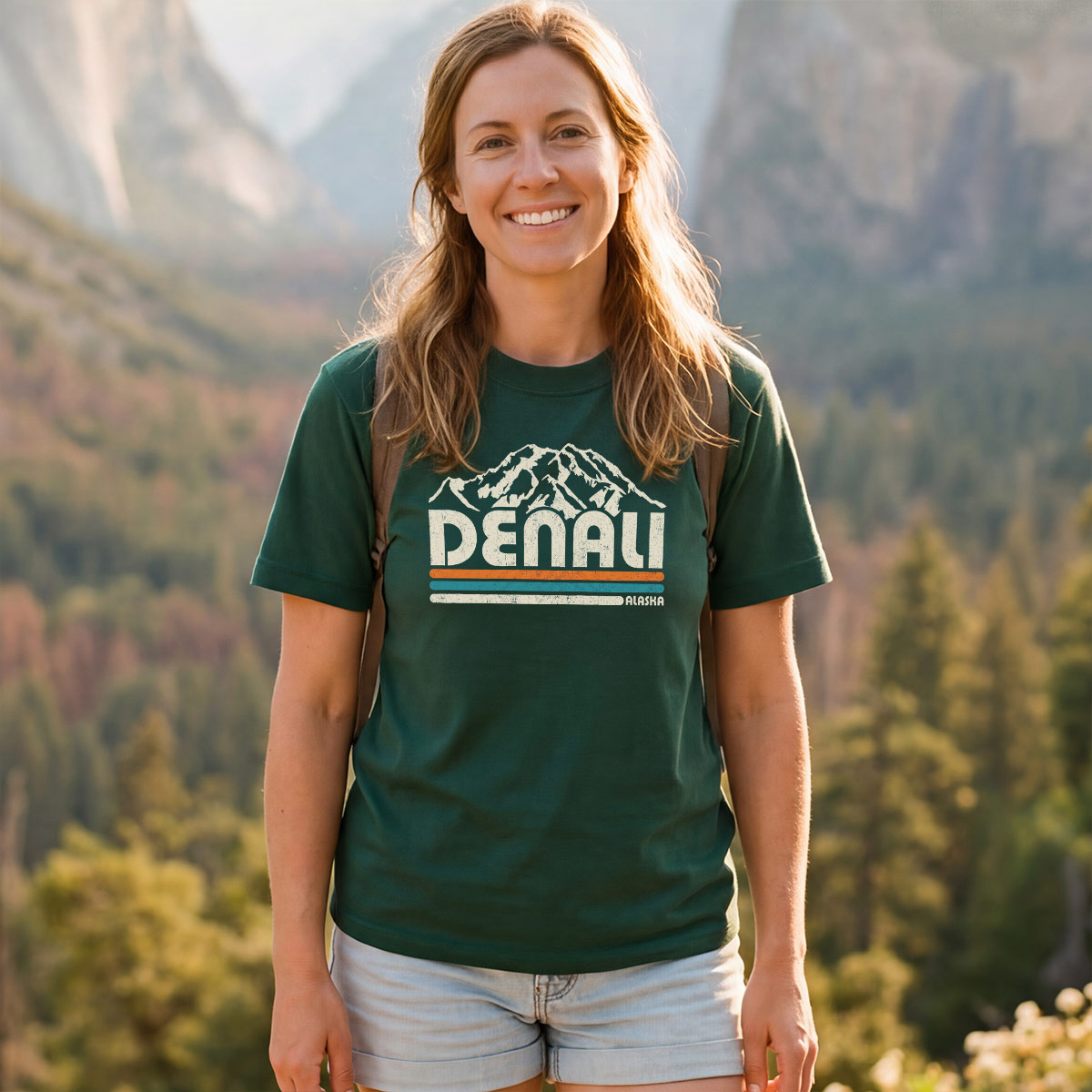 Mountain Denali Alaska Retro Stripe T-Shirt