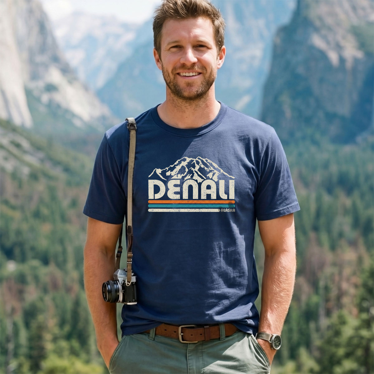 Mountain Denali Alaska Retro Stripe T-Shirt