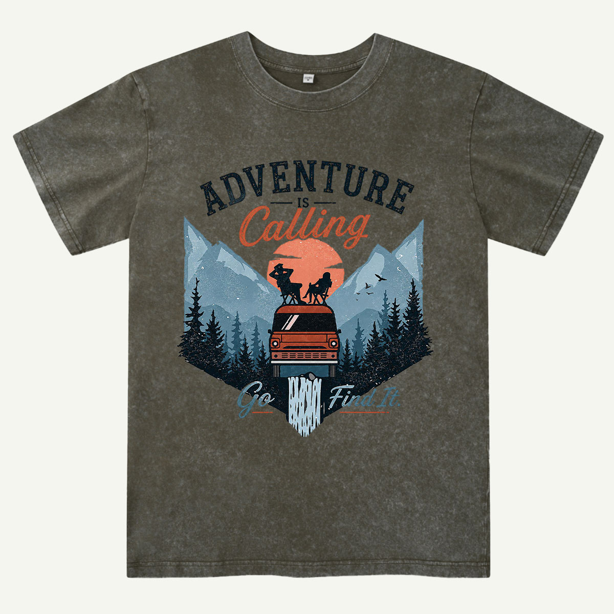 Adventure Is Calling Camper Van Mountain Washed T-Shirt