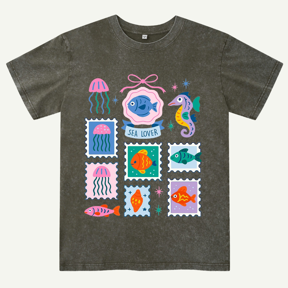 Sea Lover Stamp Ocean Animal Identification Guide Washed T-Shirt